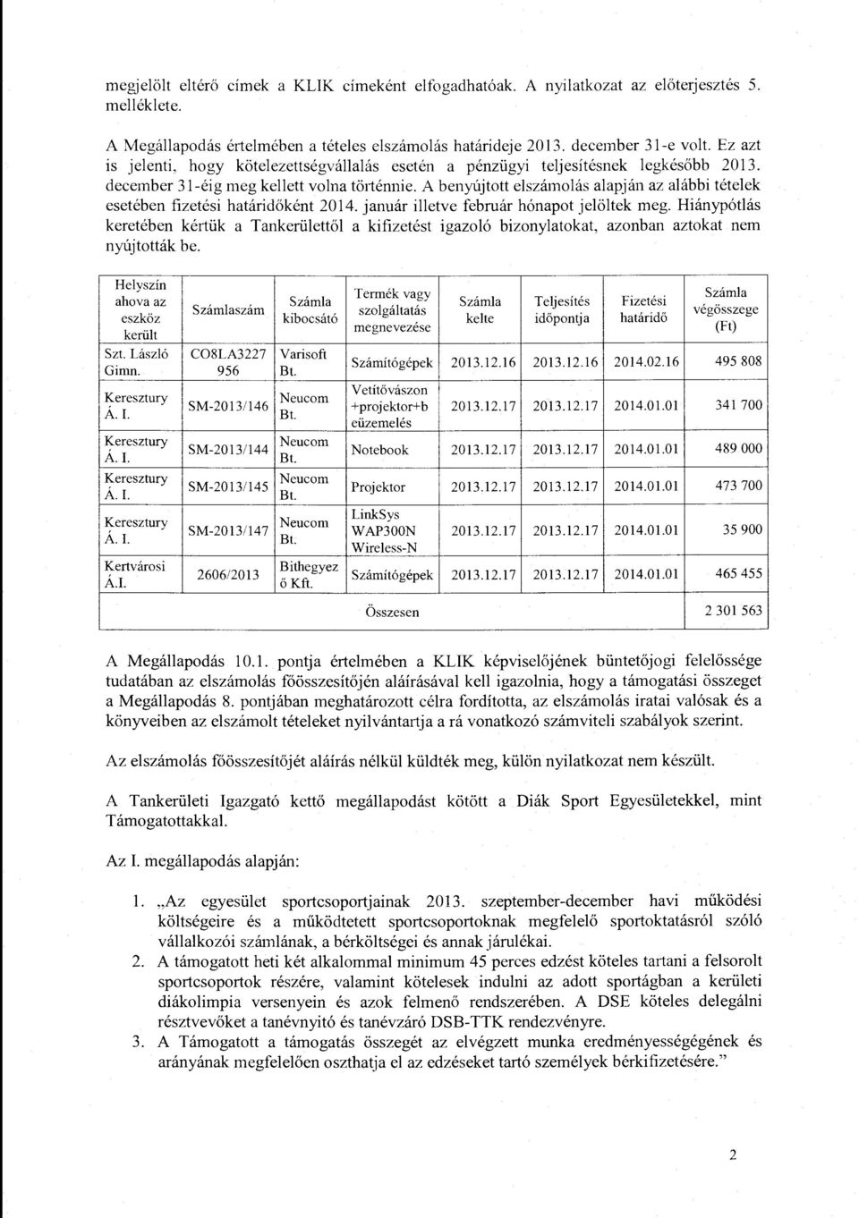 A benylijtott elszamolas alapjan az alabbi tetelek eseteben fizetesi hataridokent 2014. januar illetve februar h6napot jeloltek meg.
