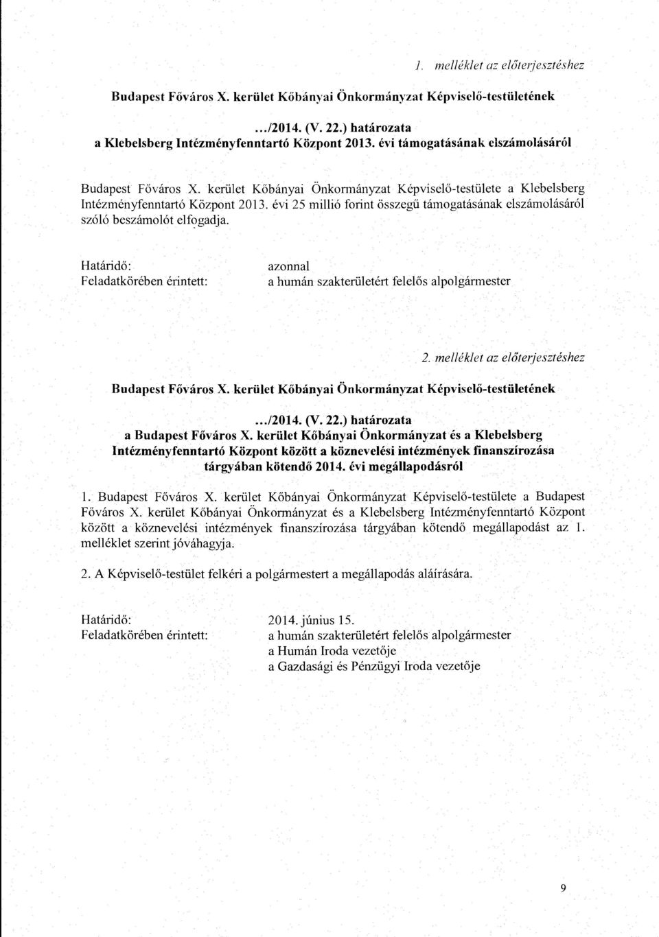 evi 25 milli6 forint osszegu tamogatasanak elszamolasar61 sz616 beszamol6t elf<?gadja. Hatarido: Feladatkoreben erintett: azonnal a human szakteriiletert felelos alpolgannester 2. melleklet az e!