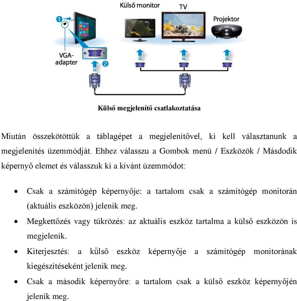 számítógép monitorán (aktuális eszközön) jelenik meg. Megkettőzés vagy tükrözés: az aktuális eszköz tartalma a külső eszközön is megjelenik.