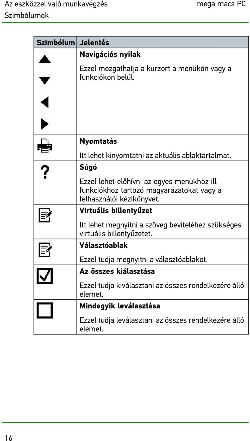 Súgó Ezzel lehet előhívni az egyes menükhöz ill funkciókhoz tartozó magyarázatokat vagy a felhasználói kézikönyvet.