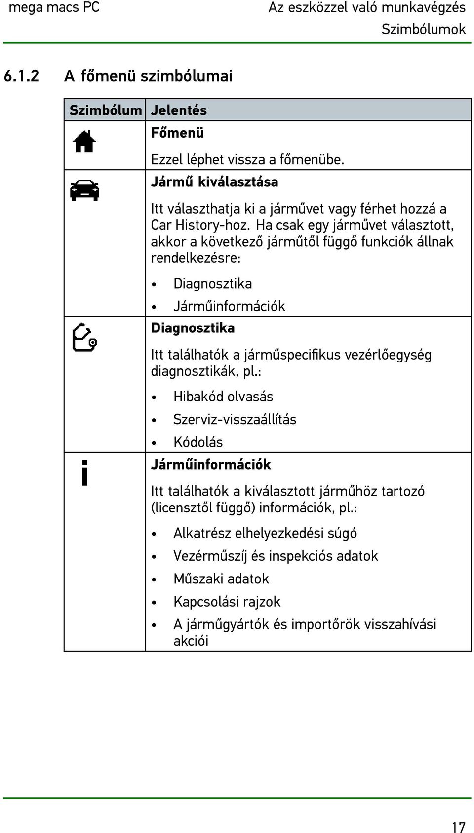 Ha csak egy járművet választott, akkor a következő járműtől függő funkciók állnak rendelkezésre: Diagnosztika Járműinformációk Diagnosztika Itt találhatók a járműspecifikus