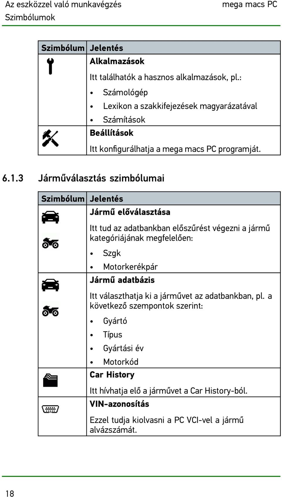 3 Járműválasztás szimbólumai Szimbólum Jelentés Jármű előválasztása Itt tud az adatbankban előszűrést végezni a jármű kategóriájának megfelelően: Szgk Motorkerékpár Jármű