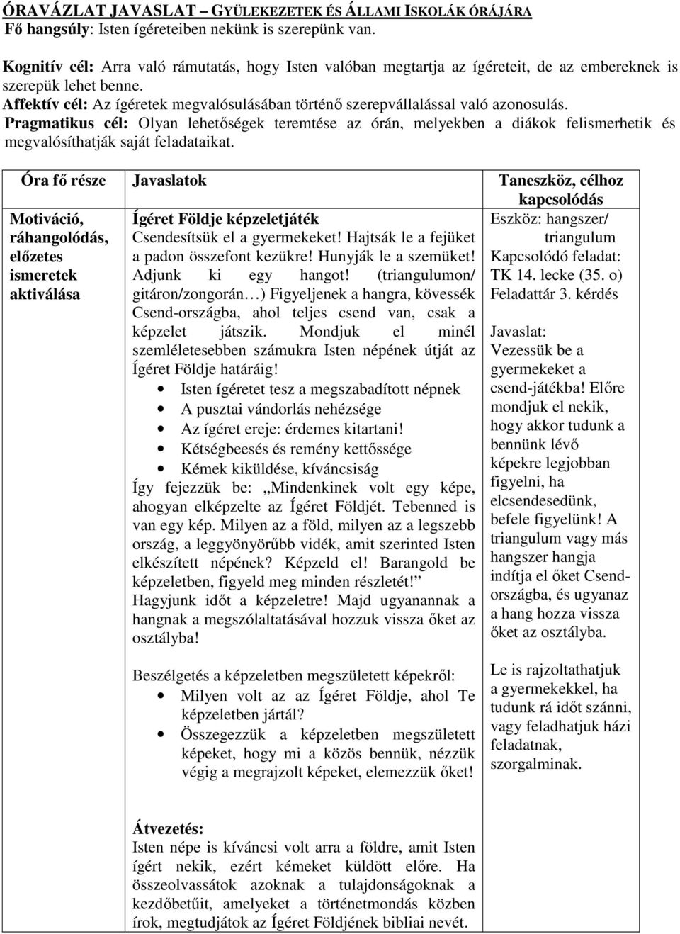 Affektív cél: Az ígéretek megvalósulásában történő szerepvállalással való azonosulás.