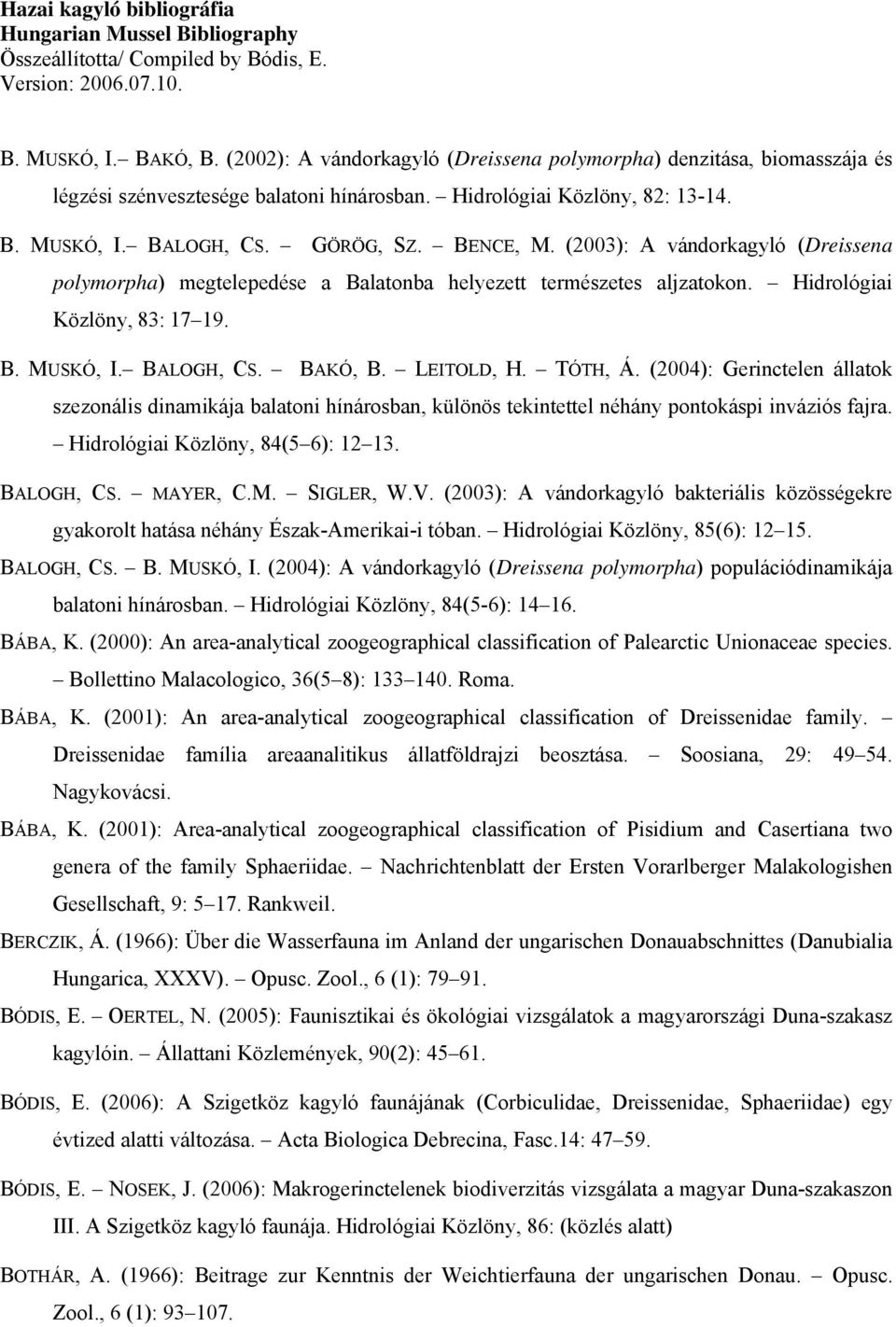 (2003): A vándorkagyló (Dreissena polymorpha) megtelepedése a Balatonba helyezett természetes aljzatokon. Hidrológiai Közlöny, 83: 17 19. B. MUSKÓ, I. BALOGH, CS. BAKÓ, B. LEITOLD, H. TÓTH, Á.