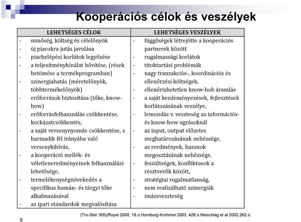 csökkentése, s harmadik fél irányába való versenykihívás, - a kooperáció mellék- és véletleneredményeinek felhasználási lehetősége, - termelékenységnövekedés a specifikus humán- és tárgyi tőke