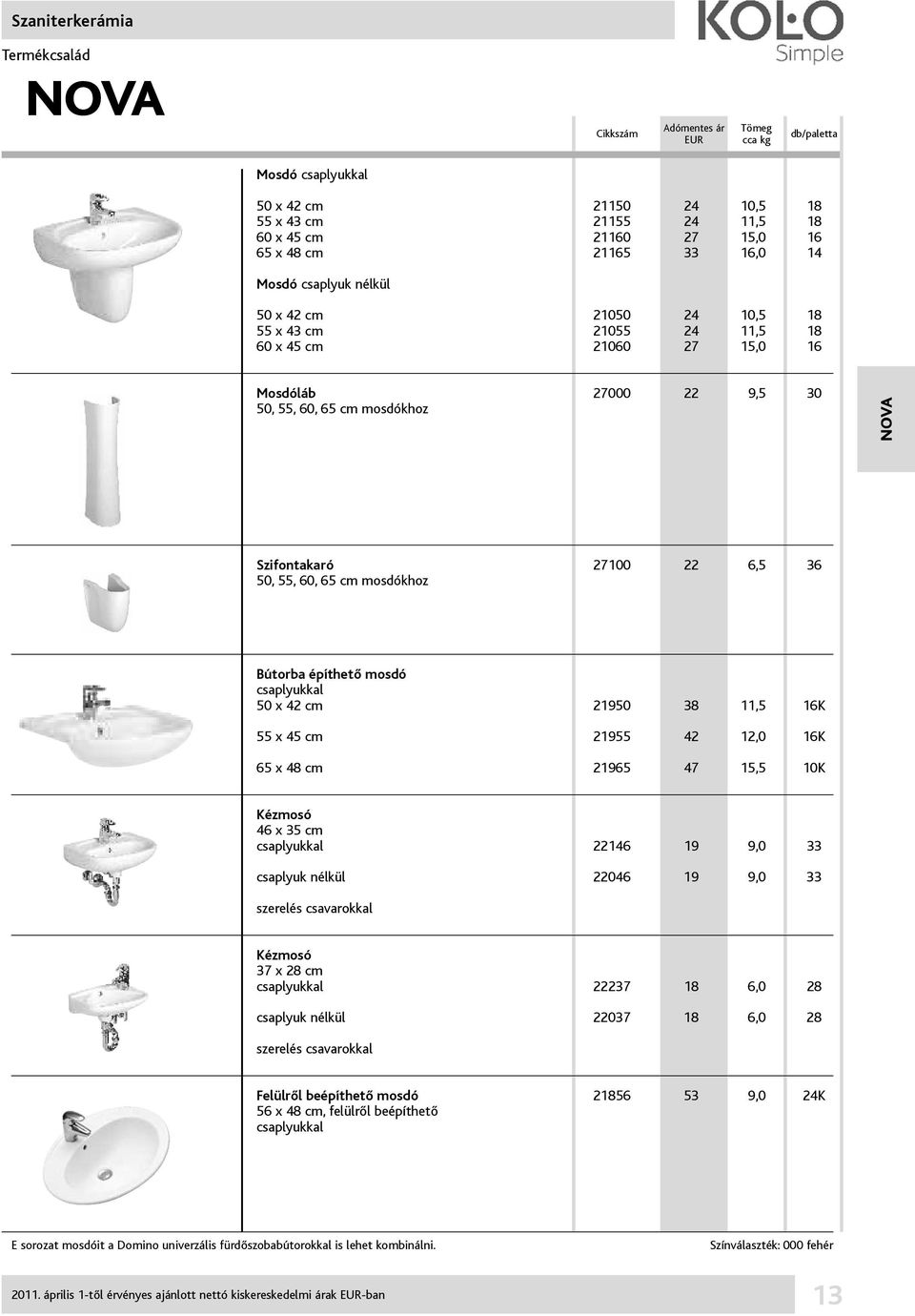 csaplyukkal 50 x 42 cm 21950 38 11,5 16K 55 x 45 cm 21955 42 12,0 16K 65 x 48 cm 21965 47 15,5 10K Kézmosó 46 x 35 cm csaplyukkal 22146 19 9,0 33 csaplyuk nélkül 22046 19 9,0 33 szerelés csavarokkal