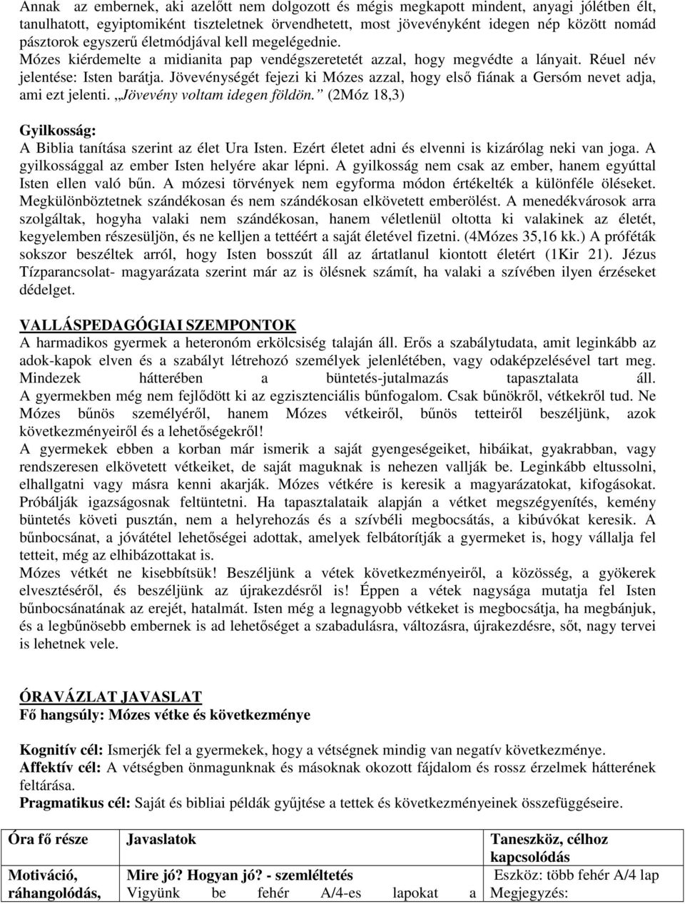 Jövevénységét fejezi ki Mózes azzal, hogy első fiának a Gersóm nevet adja, ami ezt jelenti. Jövevény voltam idegen földön. (2Móz 18,3) Gyilkosság: A Biblia tanítása szerint az élet Ura Isten.