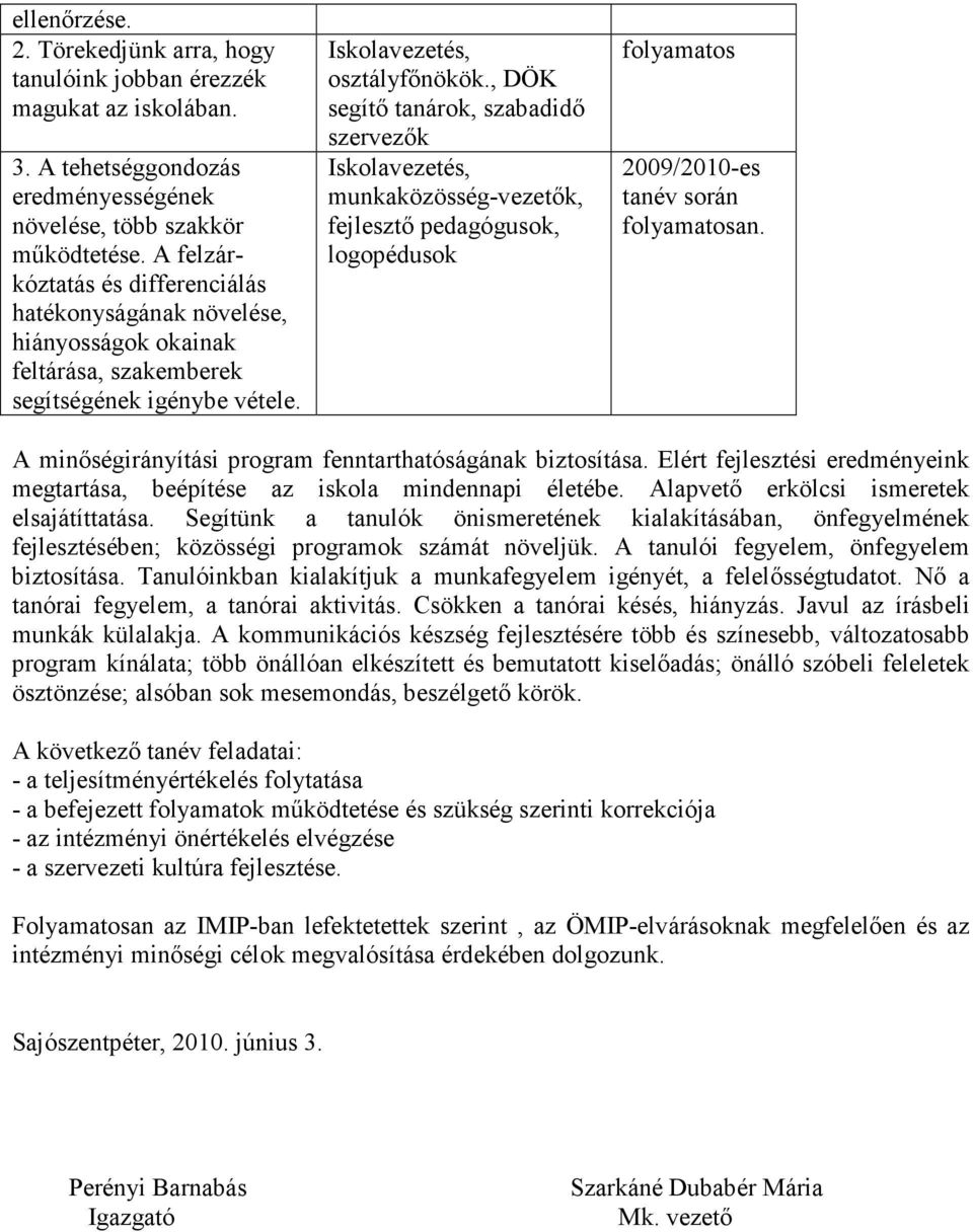 , DÖK segítı tanárok, szabadidı szervezık Iskolavezetés, munkaközösség-vezetık, fejlesztı pedagógusok, logopédusok folyamatos 2009/2010-es tanév során folyamatosan.