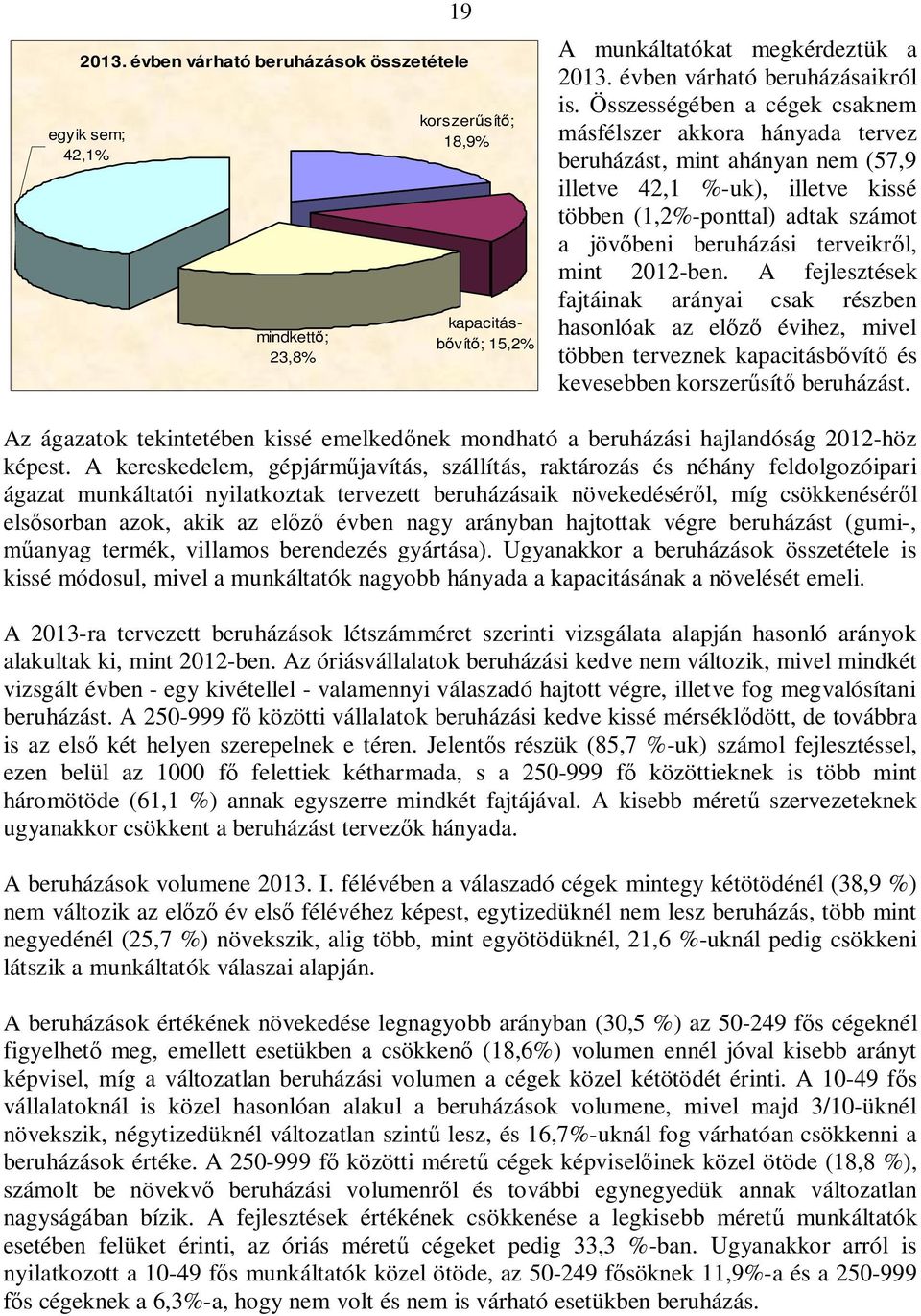 terveikről, mint 2012-ben. A fejlesztések fajtáinak arányai csak részben hasonlóak az előző évihez, mivel többen terveznek kapacitásbővítő és kevesebben korszerűsítő beruházást.