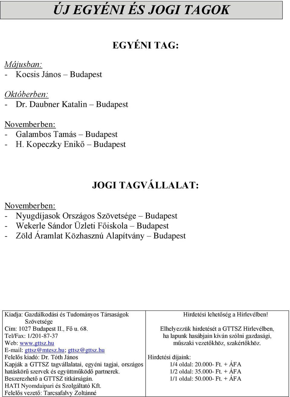 Kiadja: Gazdálkodási és Tudományos Társaságok Szövetsége Cím: 1027 Budapest II., Fő u. 68. Tel/Fax: 1/201-87-37 Web: www.gttsz.hu E-mail: gttsz@mtesz.hu; gttsz@gttsz.hu Felelős kiadó: Dr.