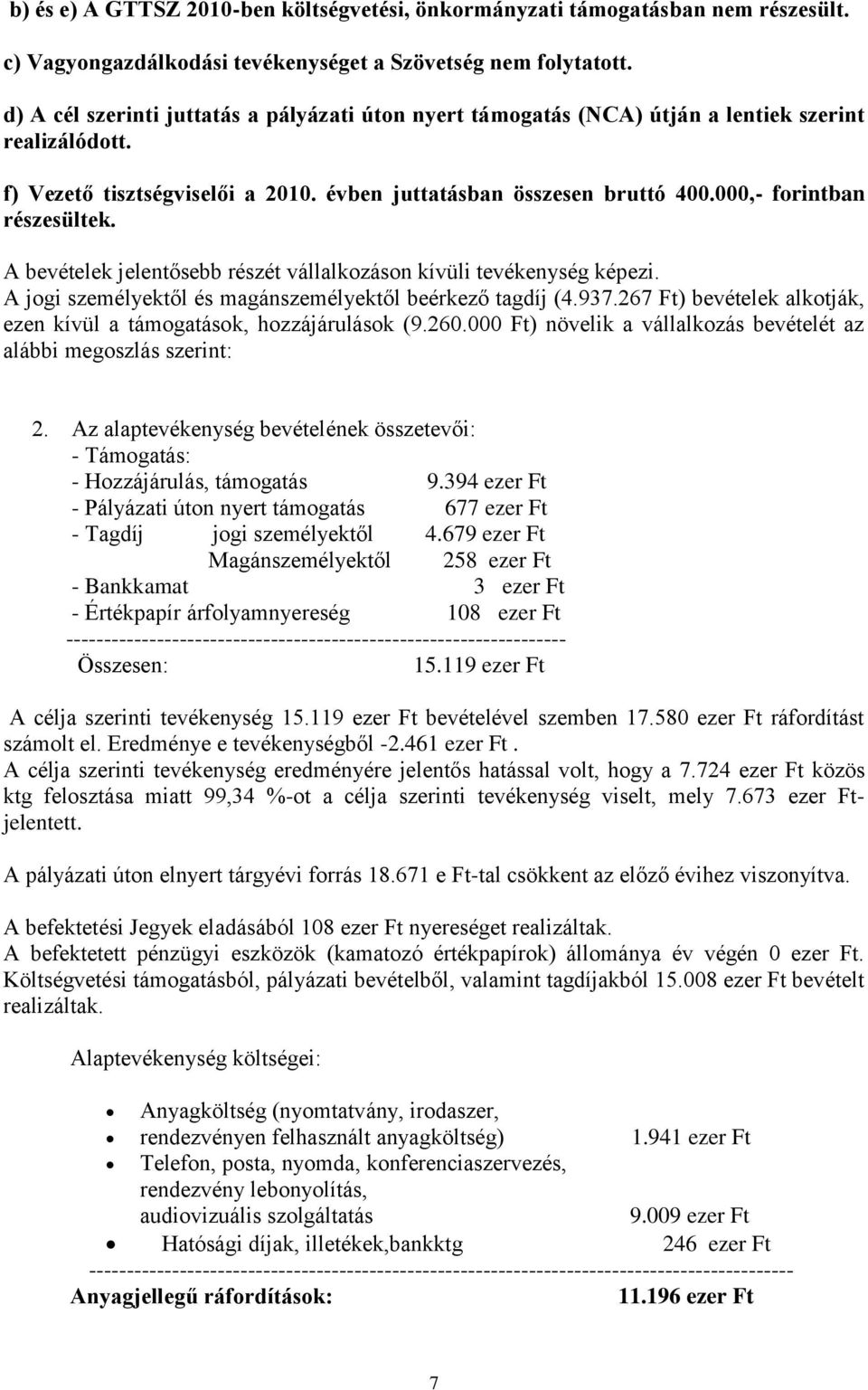 000,- forintban részesültek. A bevételek jelentősebb részét vállalkozáson kívüli tevékenység képezi. A jogi személyektől és magánszemélyektől beérkező tagdíj (4.937.