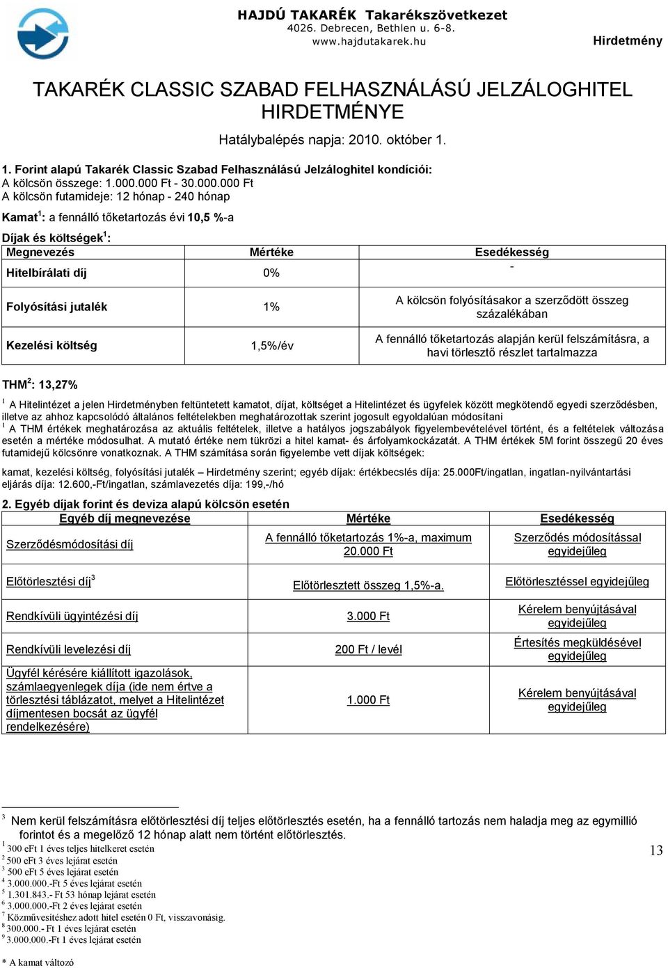 000 Ft - 30.000.000 Ft A kölcsön futamideje: 1 hónap - 40 hónap Kamat 1 : a fennálló tőketartozás évi 10,5 %-a Díjak és költségek 1 : Mértéke Esedékesség Hitelbírálati díj 0% - Folyósítási jutalék 1%