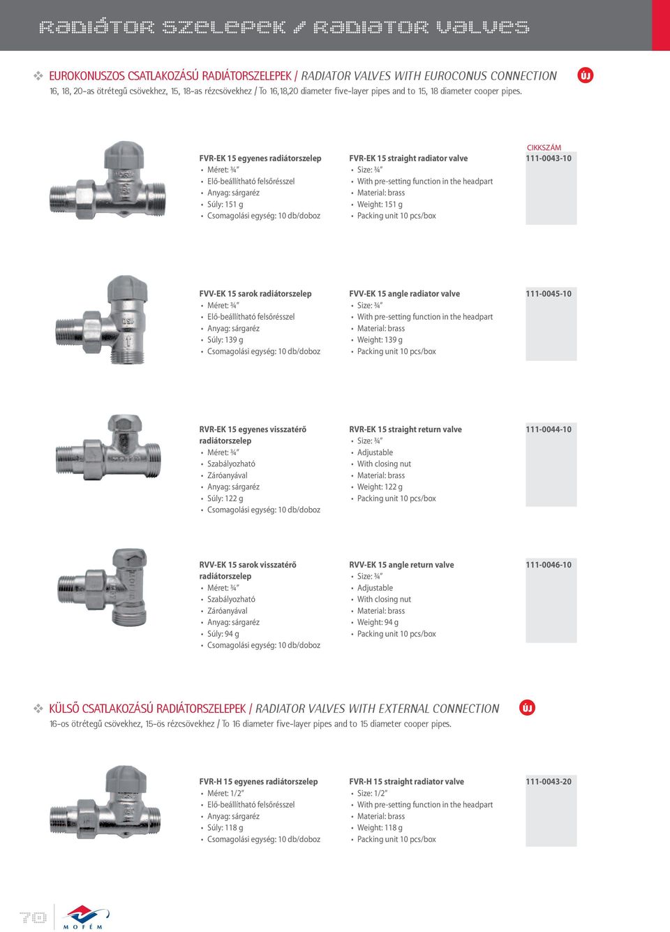 FVR-EK 15 egyenes Súly: 151 g FVR-EK 15 straight radiator valve Weight: 151 g 111-0043-10 FVV-EK 15 sarok Súly: 139 g FVV-EK 15 angle radiator valve Weight: 139 g 111-0045-10 RVR-EK 15 egyenes