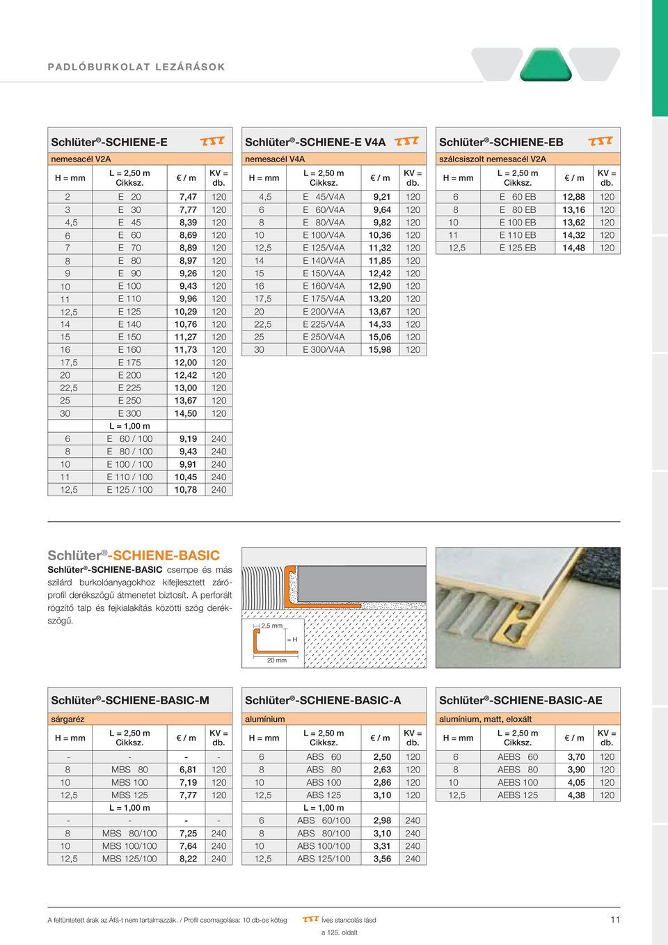 m 6 E 60 / 100 9,19 240 8 E 80 / 100 9,43 240 10 E 100 / 100 9,91 240 11 E 110 / 100 10,45 240 12,5 E 125 / 100 10,78 240 Schlüter -SCHIENE-E V4A R nemesacél V4A 4,5 E 45/V4A 9,21 120 6 E 60/V4A 9,64