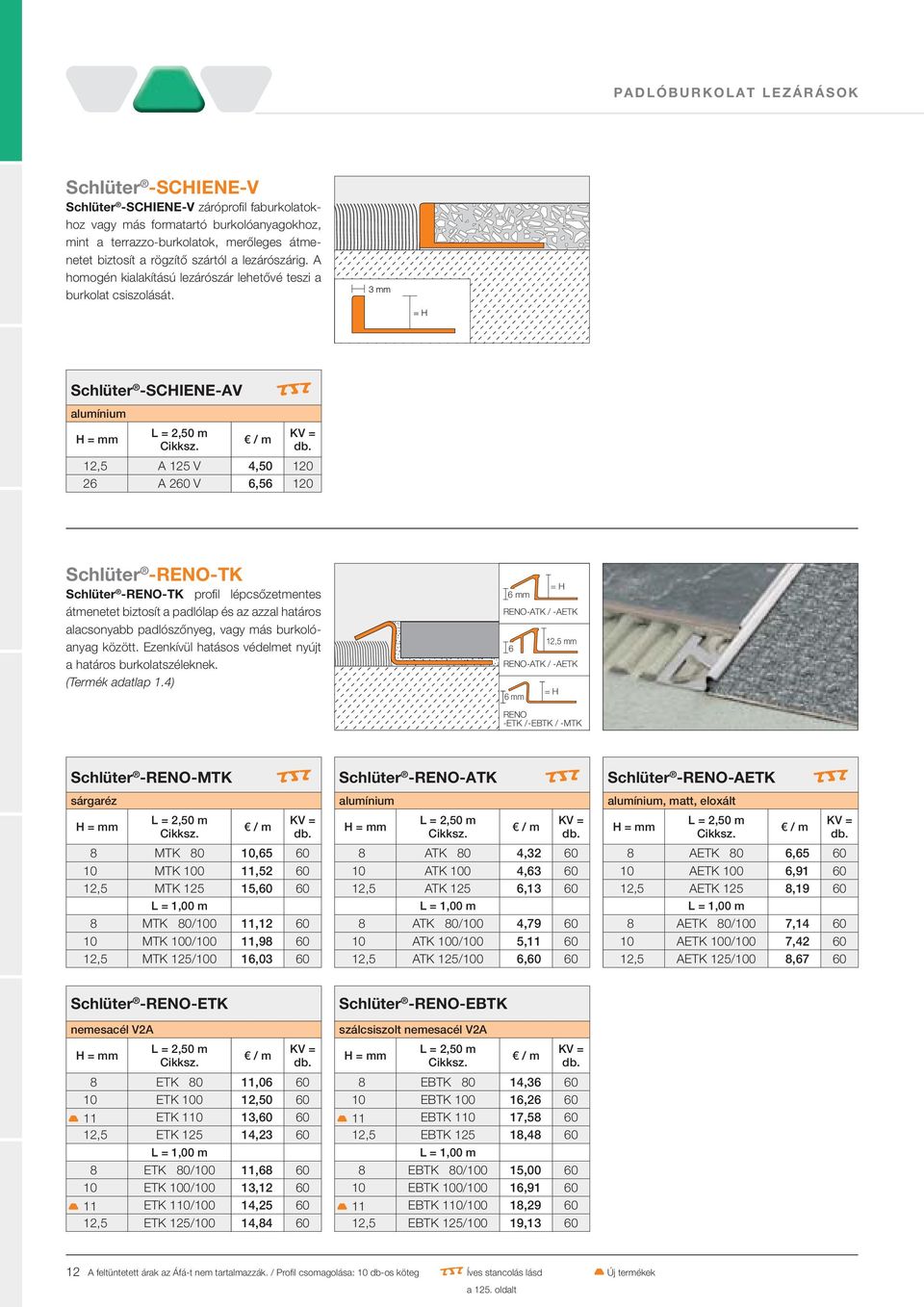 Schlüter -SCHIENE-AV alumínium R 12,5 A 125 V 4,50 120 26 A 260 V 6,56 120 Schlüter -RENO-TK Schlüter -RENO-TK profil lépcsőzetmentes átmenetet biztosít a padlólap és az azzal határos alacsonyabb