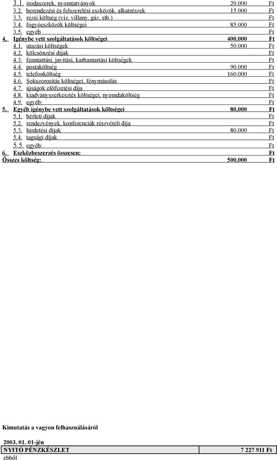 000 Ft 4.6. Sokszorosítás költségei, fénymásolás Ft 4.7. újságok előfizetési díja Ft 4.8. kiadványszerkesztés költségei, nyomdaköltség Ft 4.9. egyéb: Ft 5.