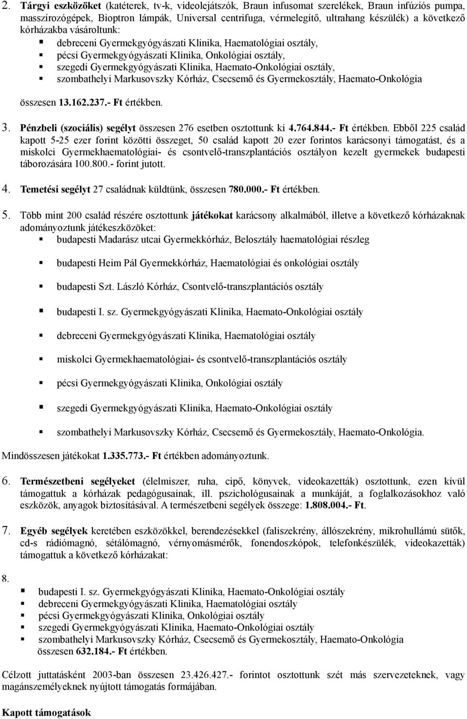 Haemato-Onkológiai osztály, szombathelyi Markusovszky Kórház, Csecsemő és Gyermekosztály, Haemato-Onkológia összesen 13.162.237.- Ft értékben. 3.