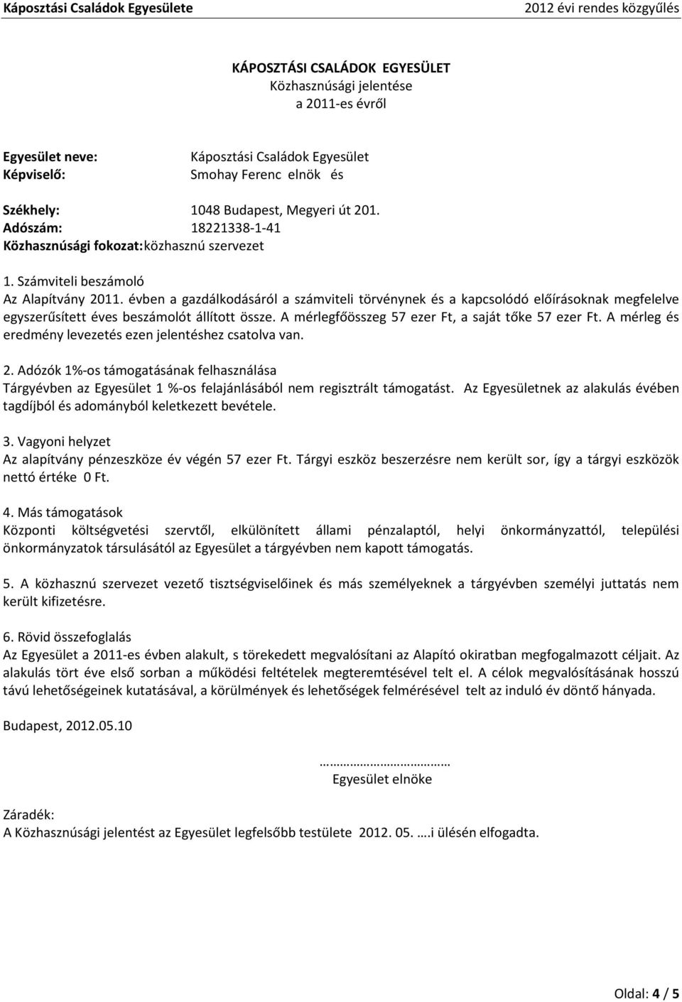 évben a gazdálkodásáról a számviteli törvénynek és a kapcsolódó előírásoknak megfelelve egyszerűsített éves beszámolót állított össze. A mérlegfőösszeg 57 ezer Ft, a saját tőke 57 ezer Ft.