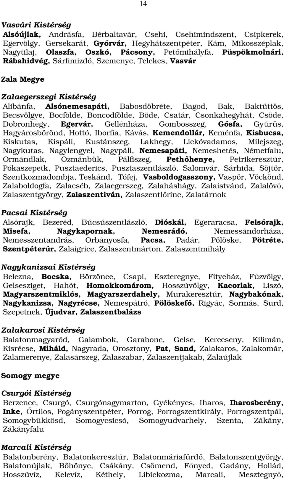 Boncodfölde, Böde, Csatár, Csonkahegyhát, Csöde, Dobronhegy, Egervár, Gellénháza, Gombosszeg, Gősfa, Gyűrűs, Hagyárosbörönd, Hottó, Iborfia, Kávás, Kemendollár, Keménfa, Kisbucsa, Kiskutas, Kispáli,