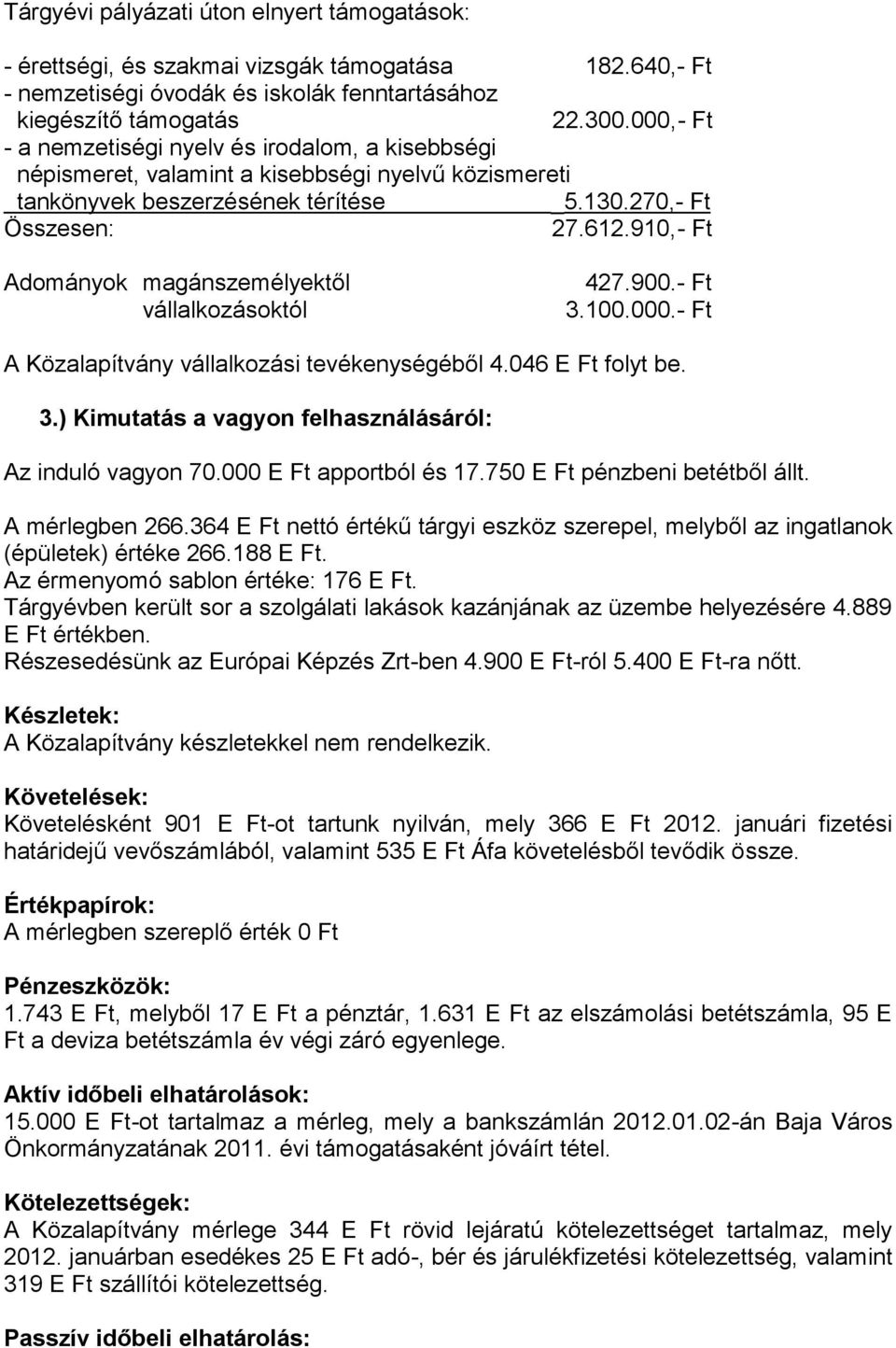 910,- Ft Adományok magánszemélyektől vállalkozásoktól 427.900.- Ft 3.100.000.- Ft A Közalapítvány vállalkozási tevékenységéből 4.046 E Ft folyt be. 3.) Kimutatás a vagyon felhasználásáról: Az induló vagyon 70.