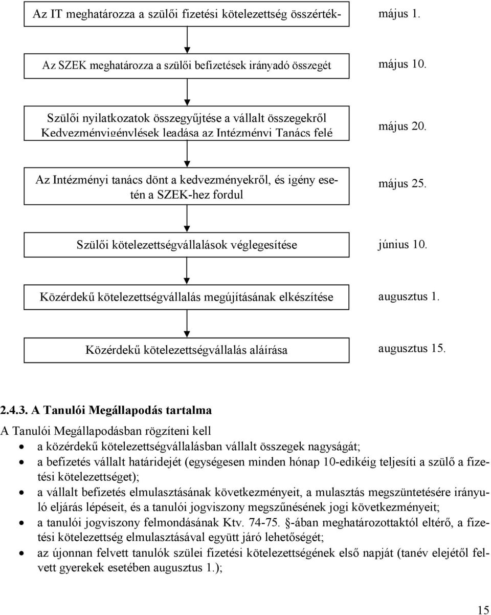 Az Intézményi tanács dönt a kedvezményekről, és igény esetén a SZEK-hez fordul május 25. Szülői kötelezettségvállalások véglegesítése június 10.