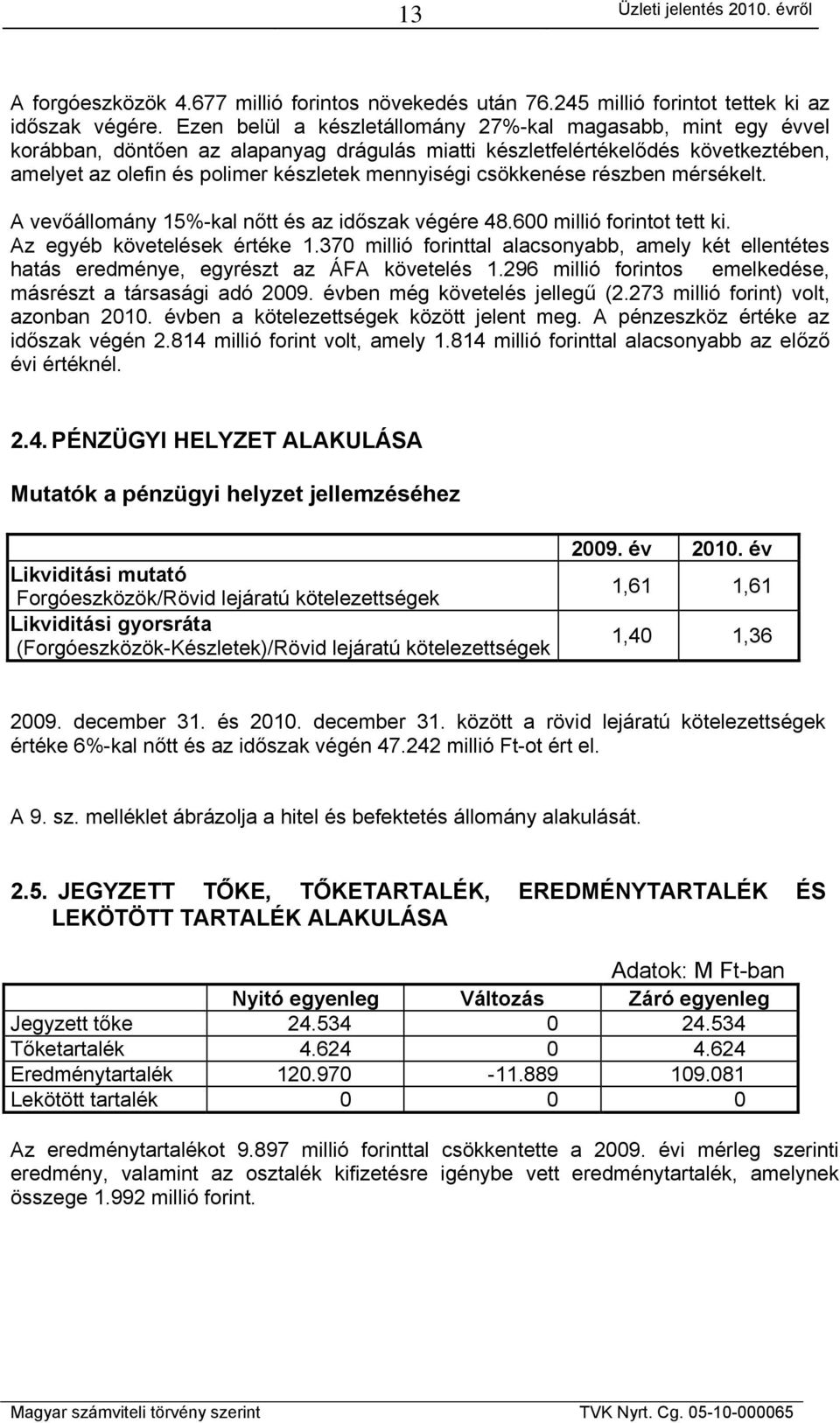 csökkenése részben mérsékelt. A vevőállomány 15%-kal nőtt és az időszak végére 48.600 millió forintot tett ki. Az egyéb követelések értéke 1.