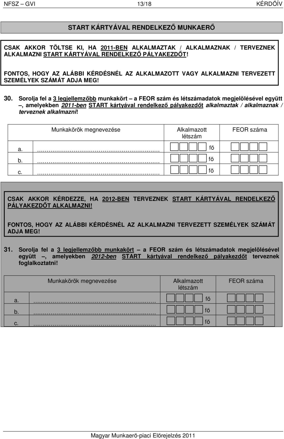 Sorolja fel a 3 legjellemzőbb munkakört a FEOR szám és létszámadatok megjelölésével együtt, amelyekben 2011-ben START kártyával rendelkező pályakezdőt alkalmaztak / alkalmaznak / terveznek alkalmazni!