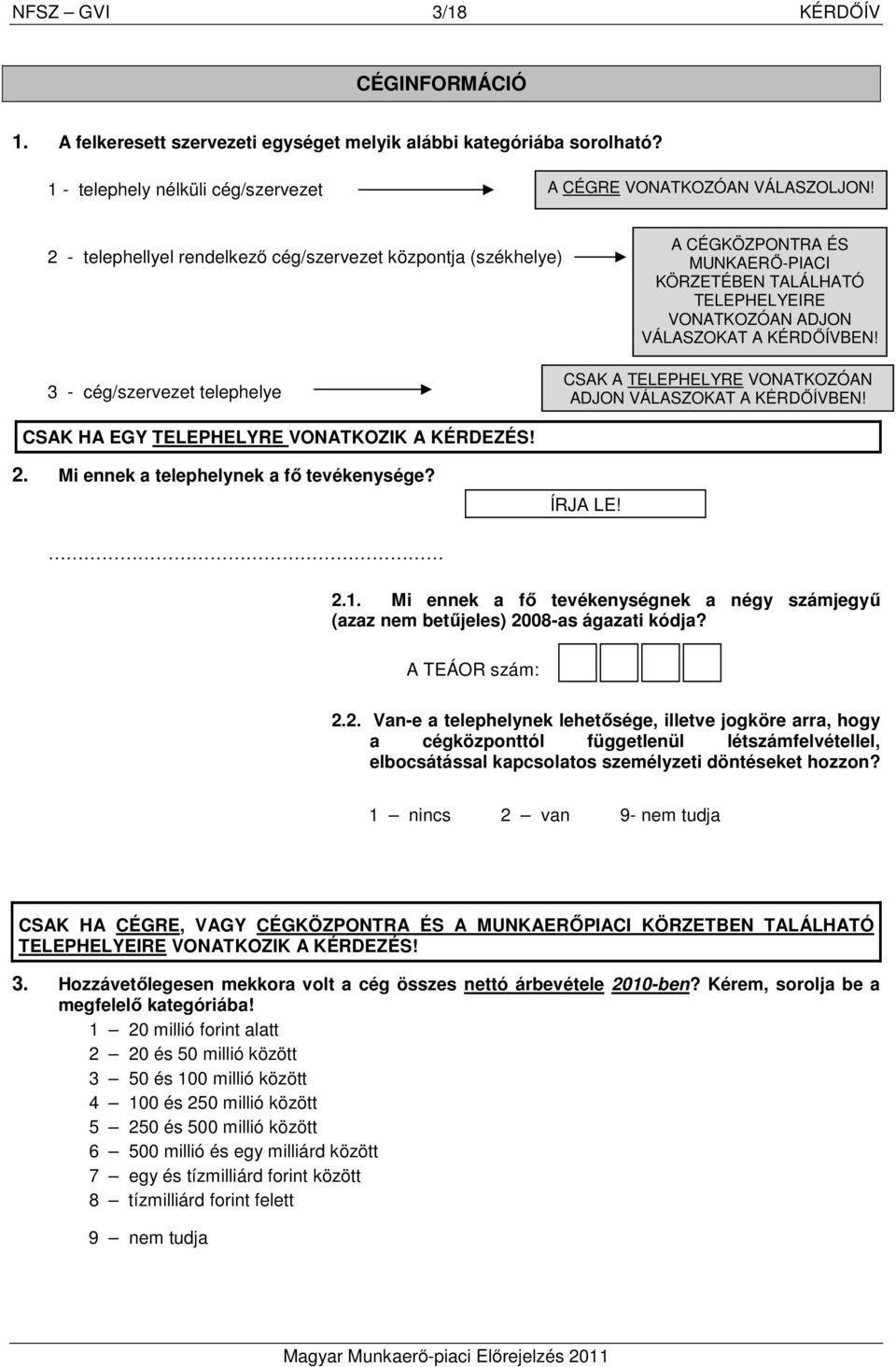 KÉRDŐÍVBEN! CSAK A TELEPHELYRE VONATKOZÓAN ADJON VÁLASZOKAT A KÉRDŐÍVBEN! CSAK HA EGY TELEPHELYRE VONATKOZIK A KÉRDEZÉS! 2. Mi ennek a telephelynek a tevékenysége? ÍRJA LE! 2.1.