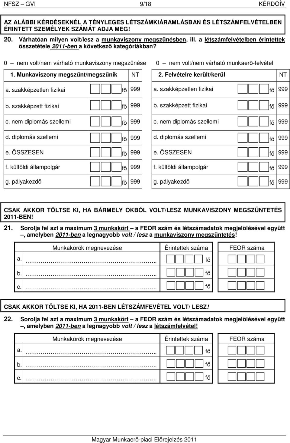 Munkaviszony megszűnt/megszűnik NT 2. Felvételre került/kerül NT a. szakképzetlen fizikai 999 a. szakképzetlen fizikai 999 b. szakképzett fizikai 999 b. szakképzett fizikai 999 c.