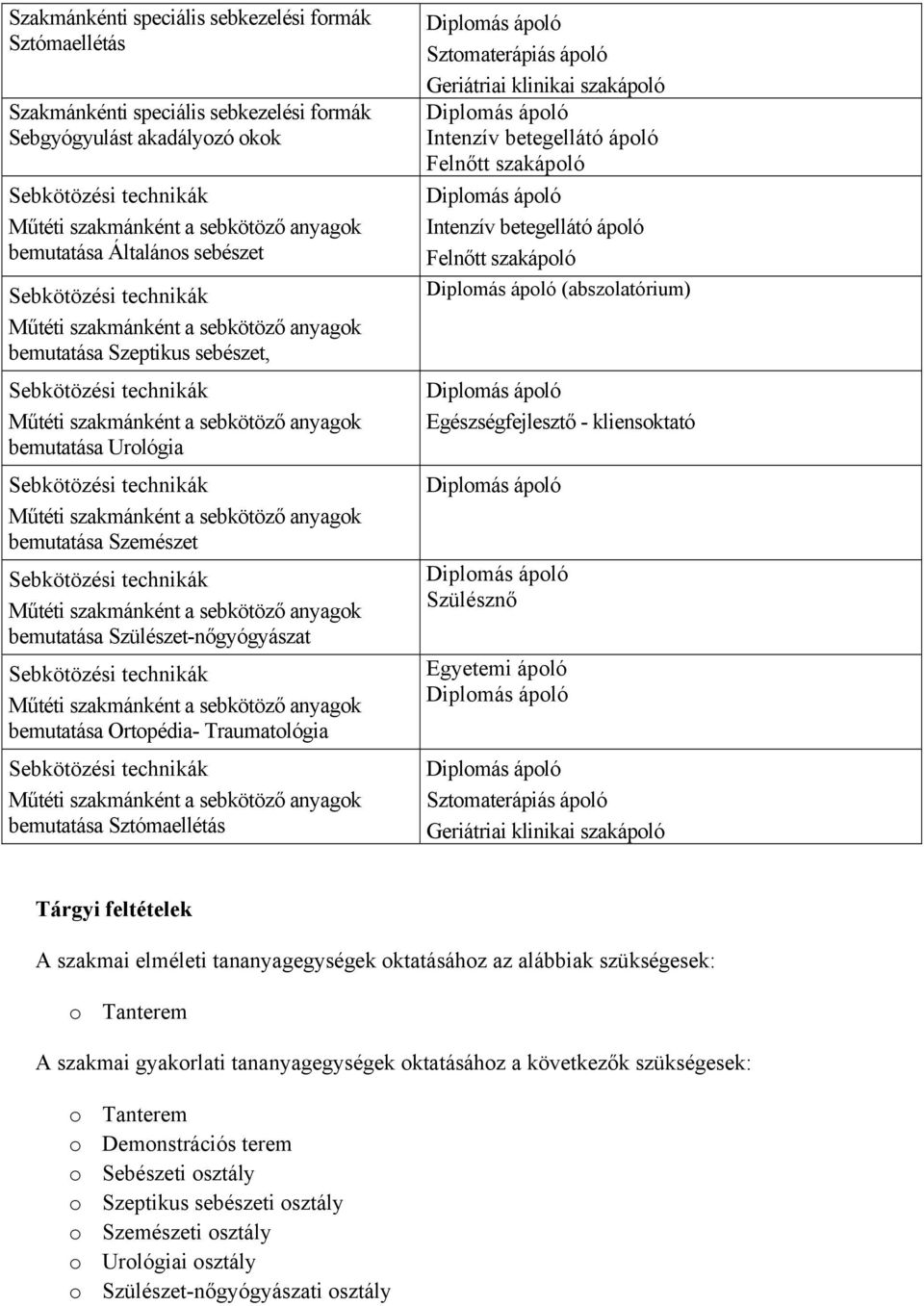 Sztomaterápiás ápoló Geriátriai klinikai szakápoló Tárgyi feltételek A szakmai elméleti tananyagegységek oktatásához az alábbiak szükségesek: o Tanterem A szakmai gyakorlati