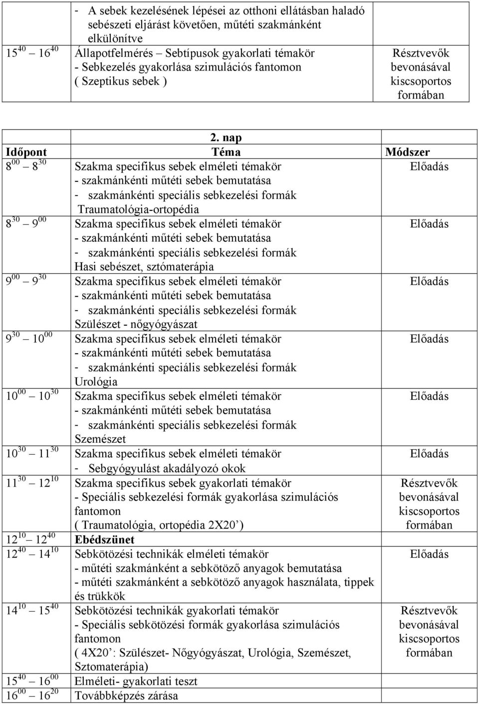 nap Időpont Téma Módszer 8 00 8 30 elméleti témakör - Traumatológia-ortopédia 8 30 9 00 elméleti témakör - Hasi sebészet, sztómaterápia 9 00 9 30 elméleti témakör - Szülészet - nőgyógyászat 9 30 10