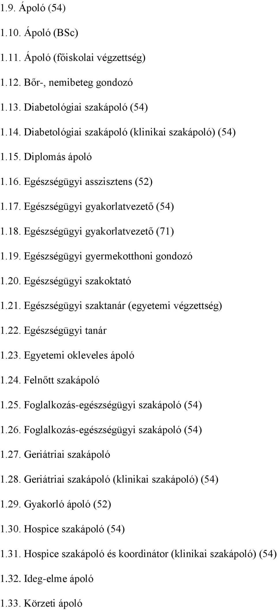 Egészségügyi szakoktató 1.21. Egészségügyi szaktanár (egyetemi végzettség) 1.22. Egészségügyi tanár 1.23. Egyetemi okleveles ápoló 1.24. Felnőtt szakápoló 1.25.