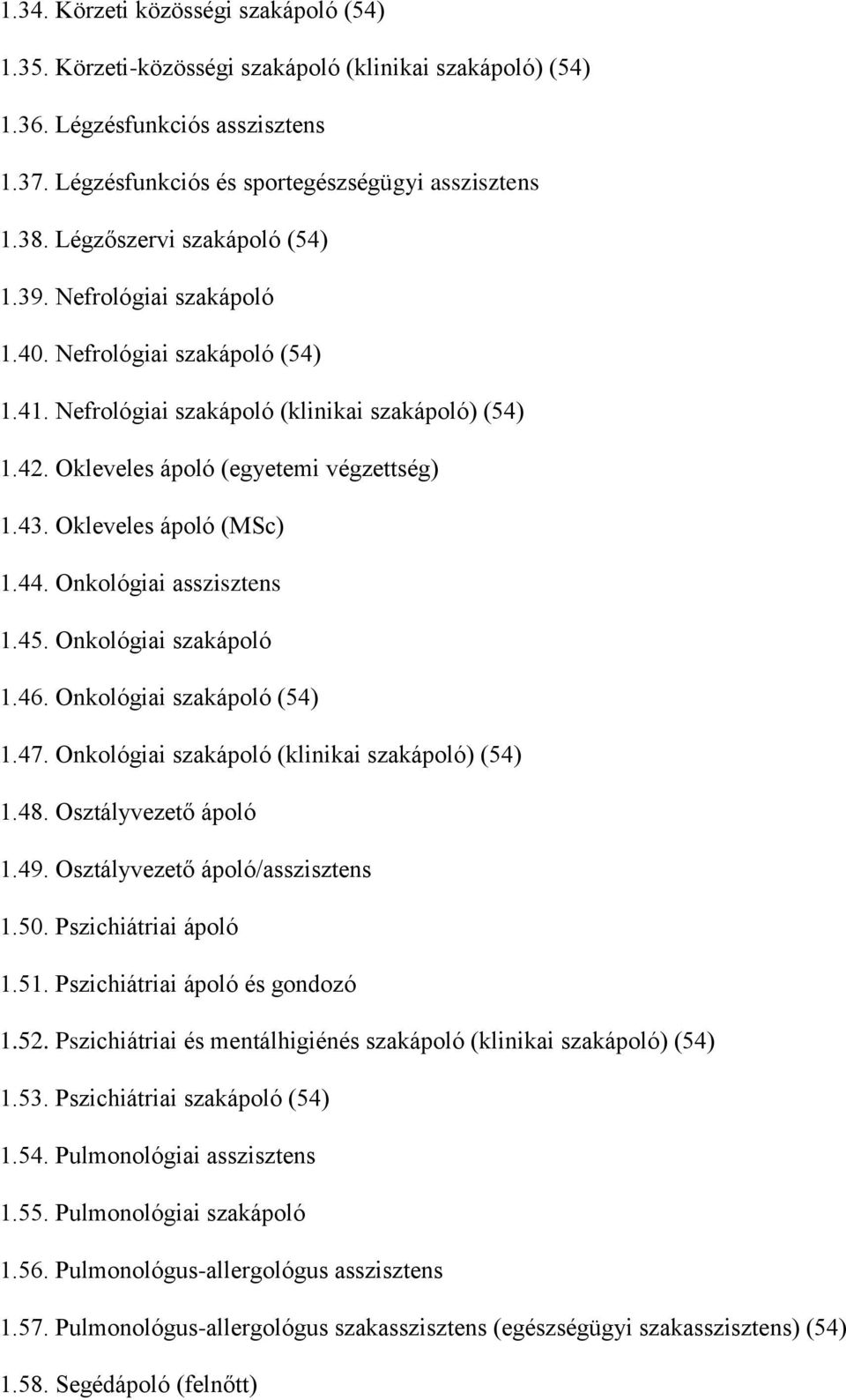 Okleveles ápoló (MSc) 1.44. Onkológiai asszisztens 1.45. Onkológiai szakápoló 1.46. Onkológiai szakápoló (54) 1.47. Onkológiai szakápoló (klinikai szakápoló) (54) 1.48. Osztályvezető ápoló 1.49.