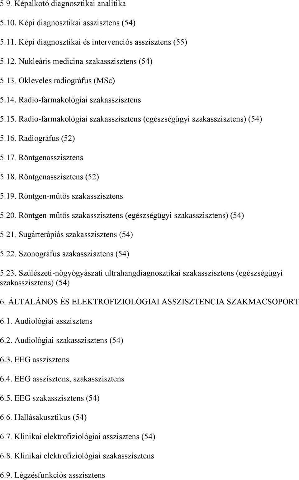 18. Röntgenasszisztens (52) 5.19. Röntgen-műtős szakasszisztens 5.20. Röntgen-műtős szakasszisztens (egészségügyi szakasszisztens) (54) 5.21. Sugárterápiás szakasszisztens (54) 5.22.