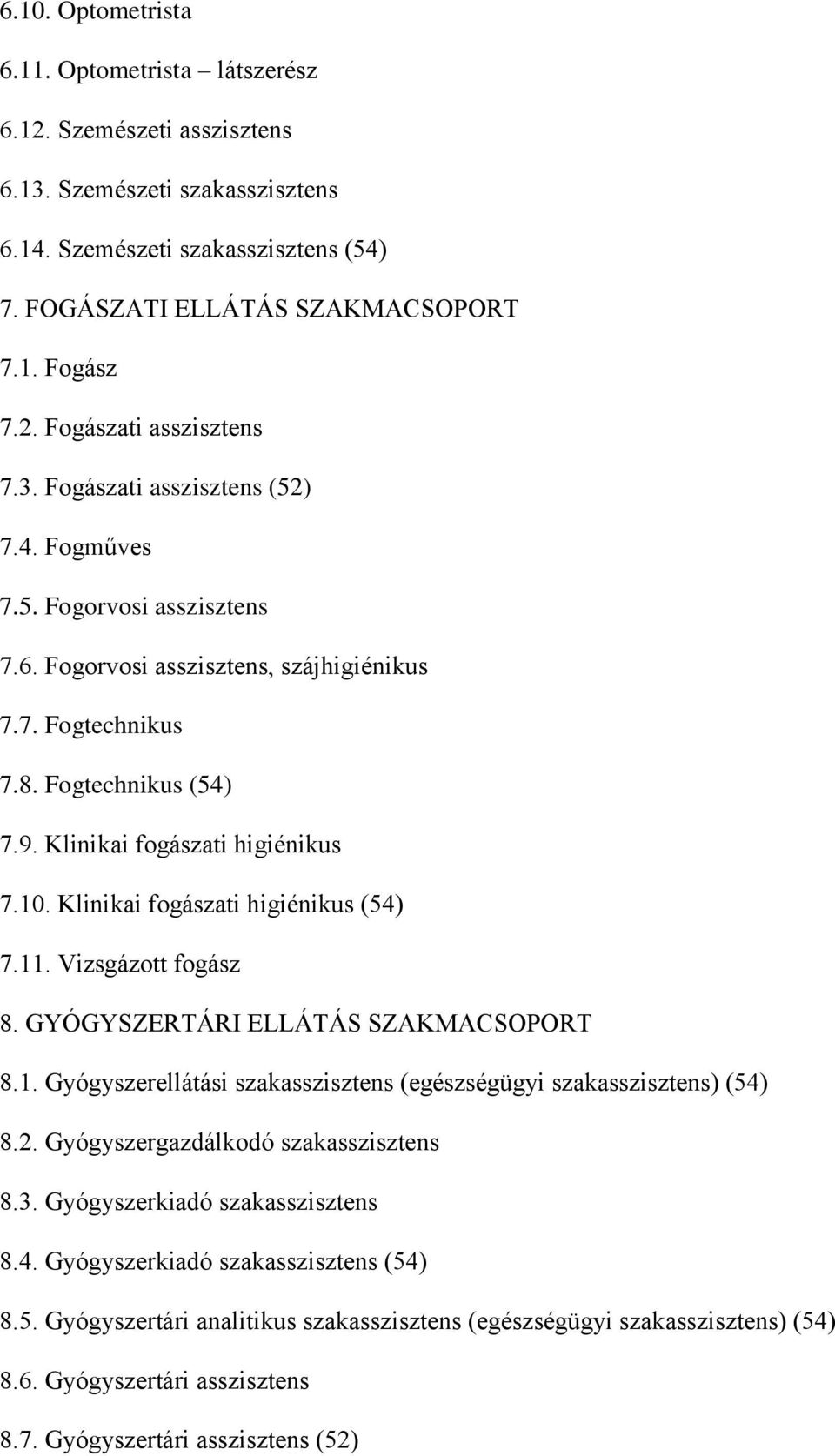 Klinikai fogászati higiénikus (54) 7.11. Vizsgázott fogász 8. GYÓGYSZERTÁRI ELLÁTÁS SZAKMACSOPORT 8.1. Gyógyszerellátási szakasszisztens (egészségügyi szakasszisztens) (54) 8.2.