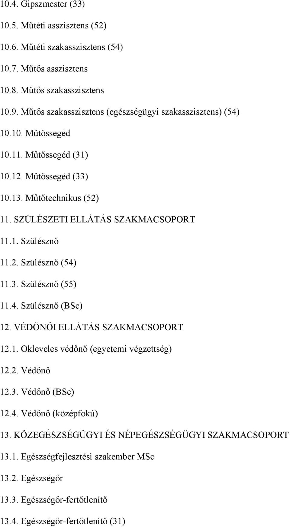 SZÜLÉSZETI ELLÁTÁS SZAKMACSOPORT 11.1. Szülésznő 11.2. Szülésznő (54) 11.3. Szülésznő (55) 11.4. Szülésznő (BSc) 12. VÉDŐNŐI ELLÁTÁS SZAKMACSOPORT 12.1. Okleveles védőnő (egyetemi végzettség) 12.