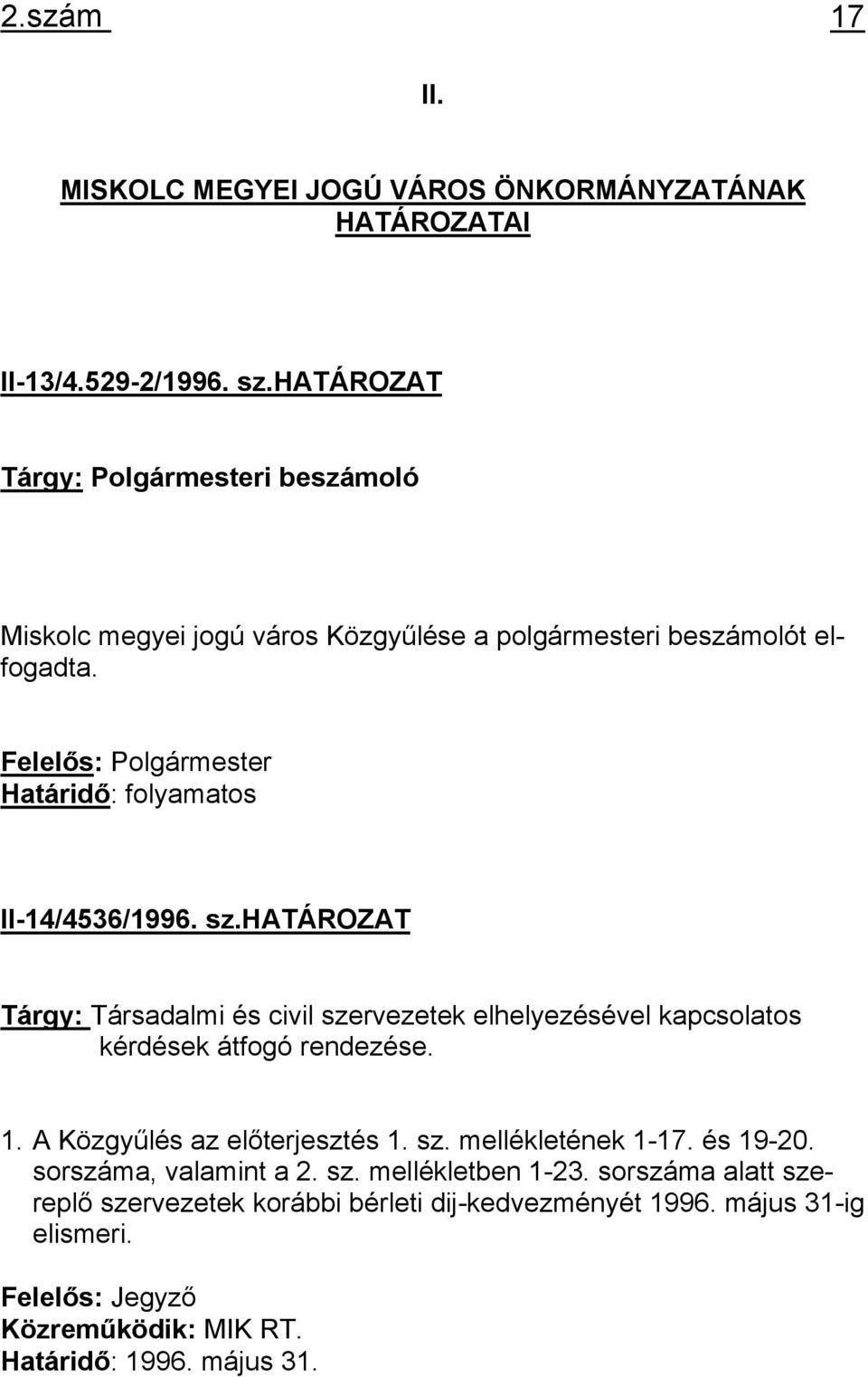 Felelős: Polgármester Határidő: folyamatos II-14/4536/1996. sz.