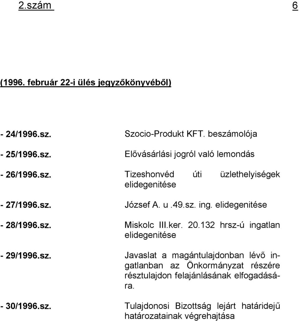 20.132 hrsz-ú ingatlan elidegenitése - 29/1996.sz. Javaslat a magántulajdonban lévő ingatlanban az Önkormányzat részére résztulajdon felajánlásának elfogadására.