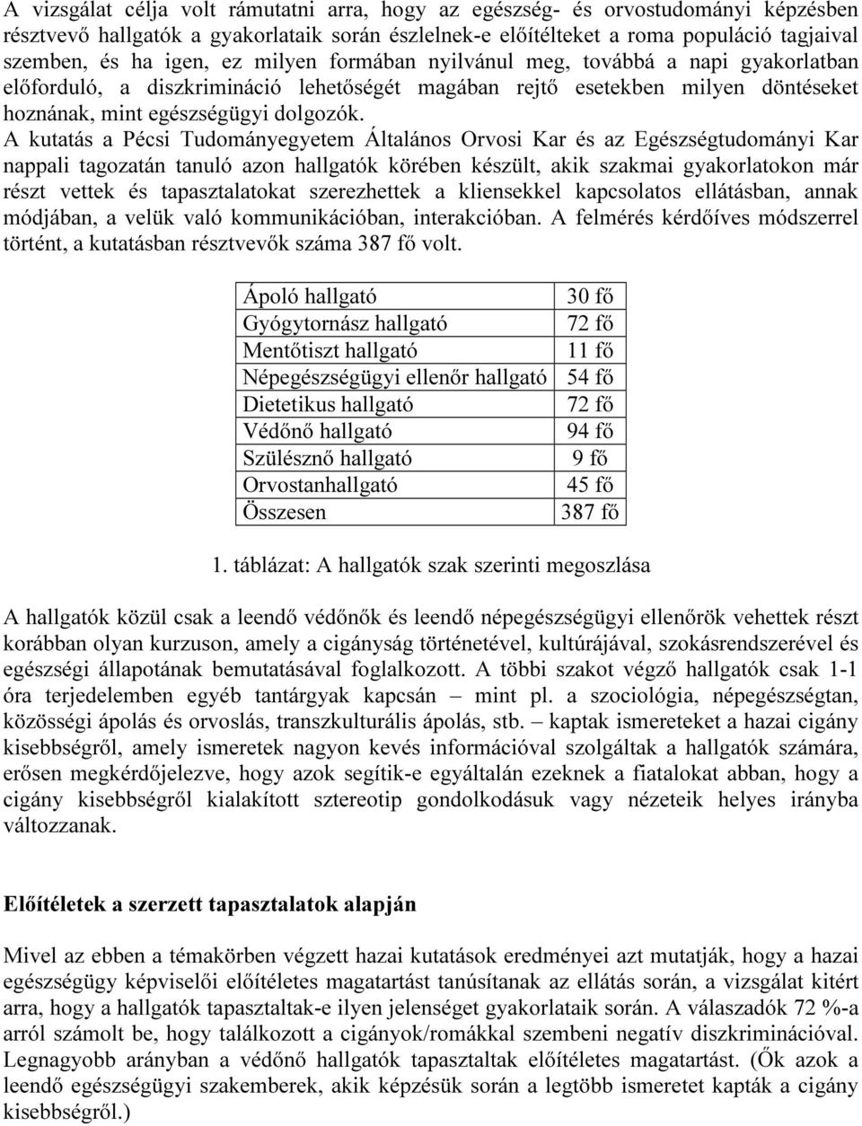 A kutatás a Pécsi Tudományegyetem Általános Orvosi Kar és az Egészségtudományi Kar nappali tagozatán tanuló azon hallgatók körében készült, akik szakmai gyakorlatokon már részt vettek és