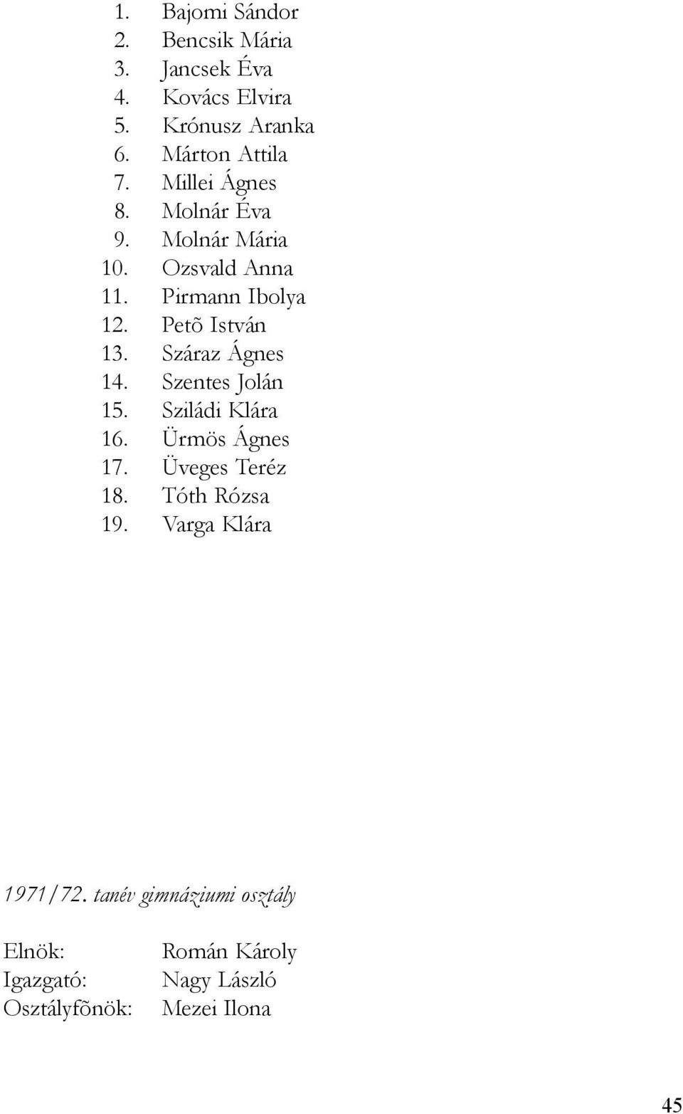 Pirmann Ibolya 12. Petõ István 13. Száraz Ágnes 14. Szentes Jolán 15. Sziládi Klára 16.