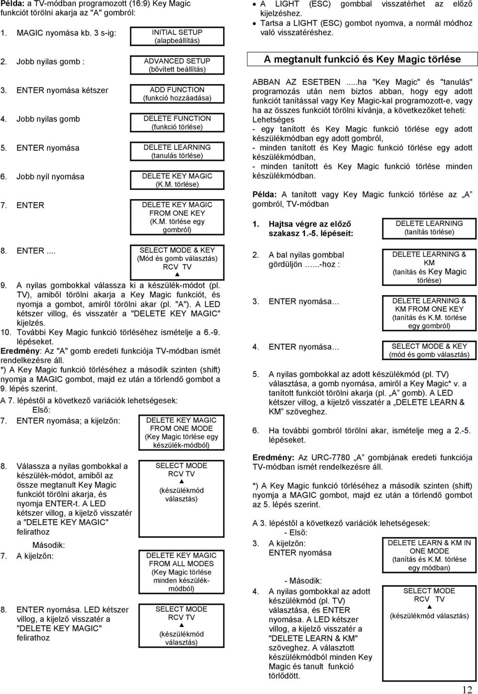 A nyilas gombokkal válassza ki a készülék-módot (pl. ), amiből törölni akarja a Key Magic funkciót, és nyomja a gombot, amiről törölni akar (pl. "A").