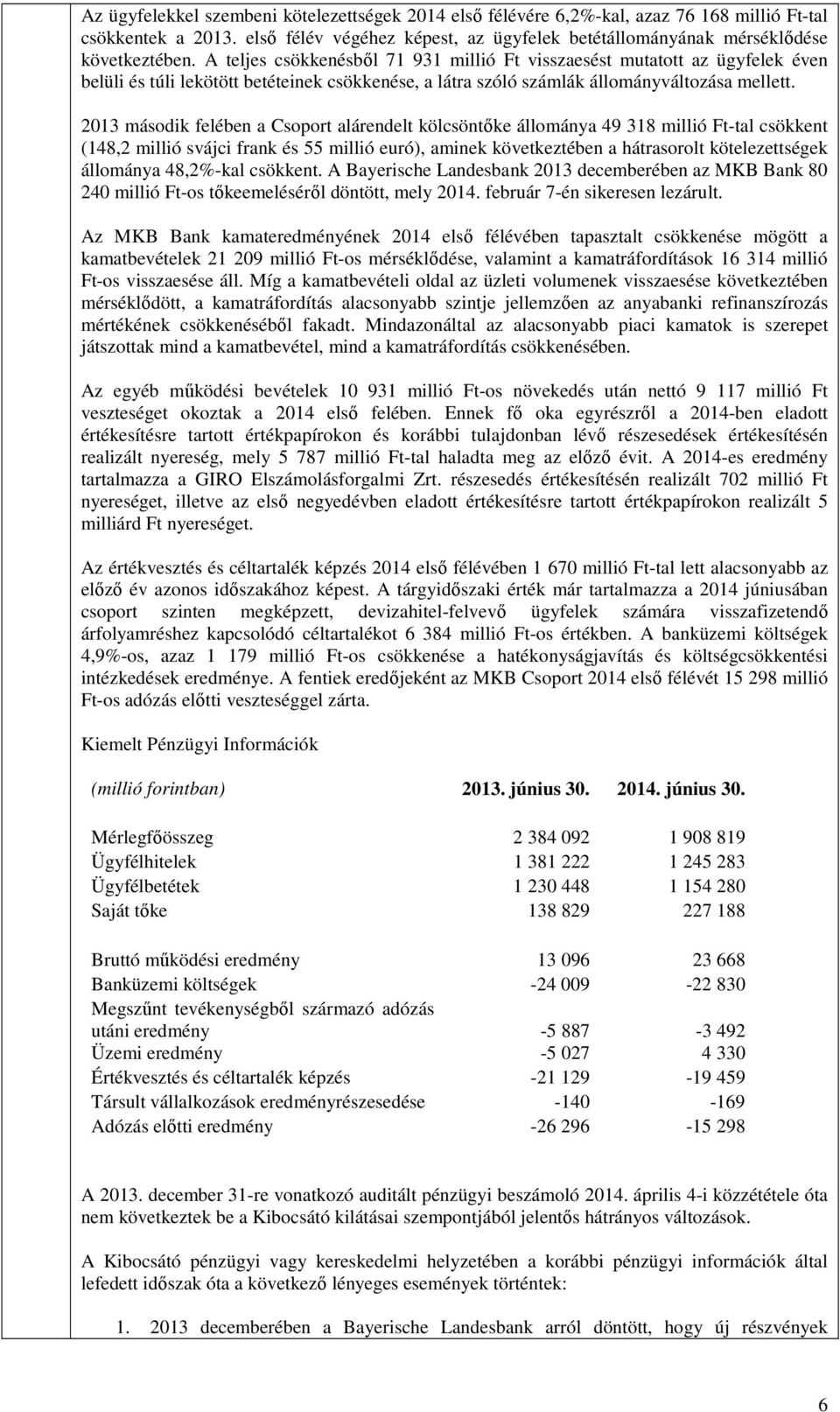 2013 második felében a Csoport alárendelt kölcsöntőke állománya 49 318 millió Ft-tal csökkent (148,2 millió svájci frank és 55 millió euró), aminek következtében a hátrasorolt kötelezettségek