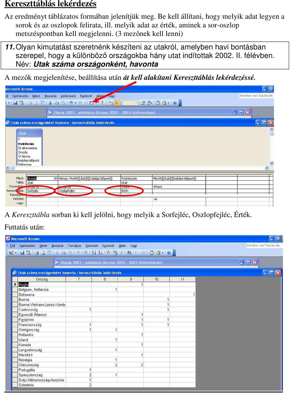 Olyan kimutatást szeretnénk készíteni az utakról, amelyben havi bontásban szerepel, hogy a különbözı országokba hány utat indítottak 2002. II. félévben.