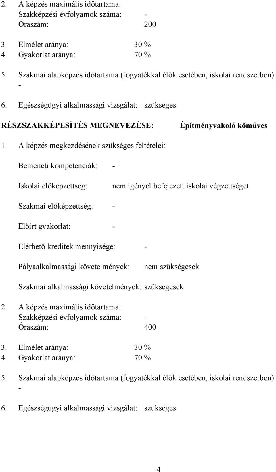 A képzés megkezdésének szükséges feltételei: emeneti kompetenciák: Iskolai előképzettség: Szakmai előképzettség: Előírt gyakorlat: - nem igényel befejezett iskolai végzettséget - - Elérhető kreditek