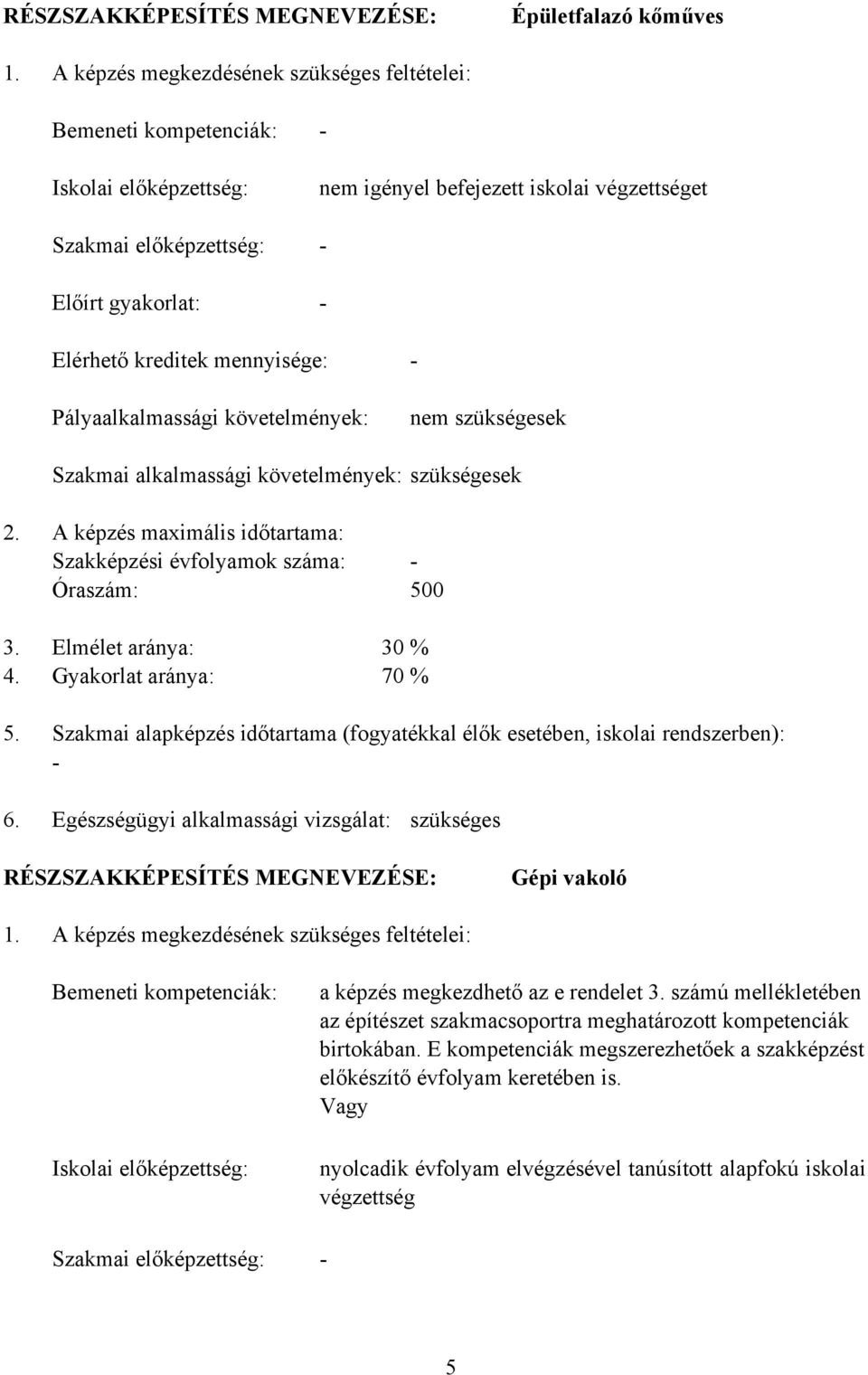 mennyisége: - Pályaalkalmassági követelmények: nem szükségesek Szakmai alkalmassági követelmények: szükségesek 2. A képzés maximális időtartama: Szakképzési évfolyamok száma: - Óraszám: 500 3.