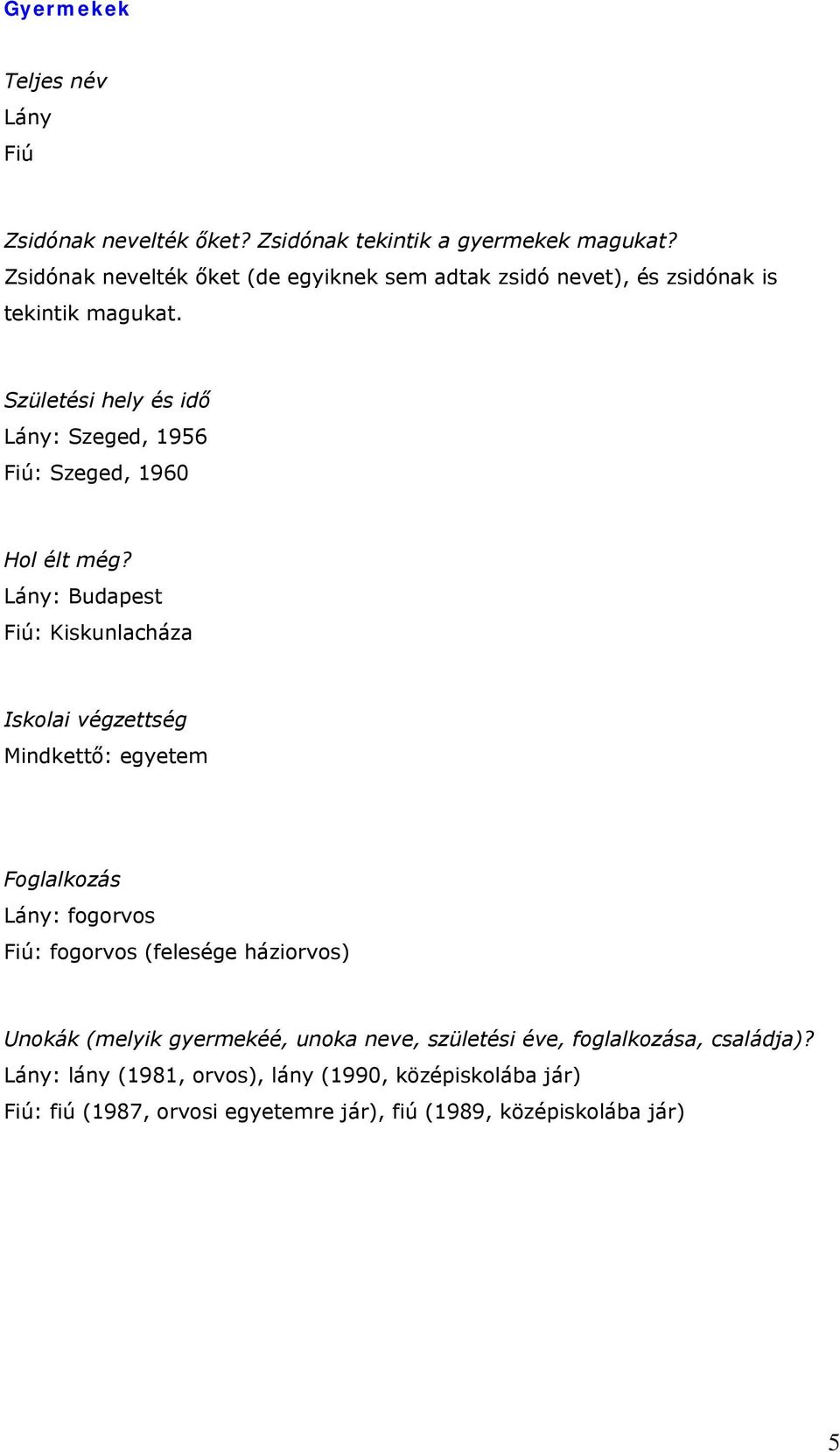 Lány:, 1956 Fiú:, 1960 Lány: Budapest Fiú: Kiskunlacháza Mindkettő: egyetem Lány: fogorvos Fiú: fogorvos (felesége háziorvos)