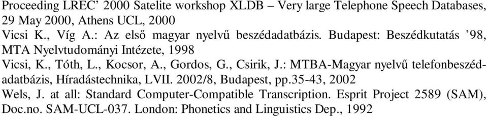 , Gordos, G., Csirik, J.: MTBA-Magyar nyelvű telefonbeszédadatbázis, Híradástechnika, LVII. 2002/8, Budapest, pp.35-43, 2002 Wels, J.