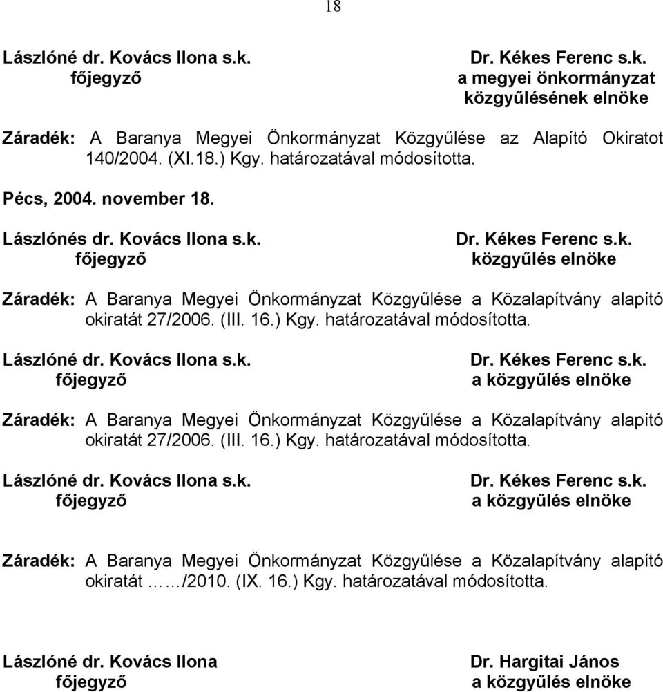 (III. 16.) Kgy. határozatával módosította. Lászlóné dr. Kovács Ilona s.k. főjegyző Dr. Kékes Ferenc s.k. a közgyűlés elnöke Záradék: A Baranya Megyei Önkormányzat Közgyűlése a Közalapítvány alapító okiratát 27/2006.