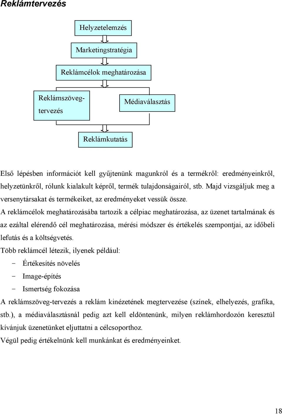 A reklámcélok meghatározásába tartozik a célpiac meghatározása, az üzenet tartalmának és az ezáltal elérendő cél meghatározása, mérési módszer és értékelés szempontjai, az időbeli lefutás és a