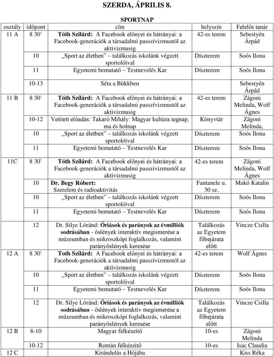 aktivizmusig 10 Sport az életben találkozás iskolánk végzett Díszterem Soós Ilona sportolóival 11 Egyetemi bemutató Testnevelés Kar Díszterem Soós Ilona 10-13 Séta a Bükkben Sebestyén Árpád 11 B 8